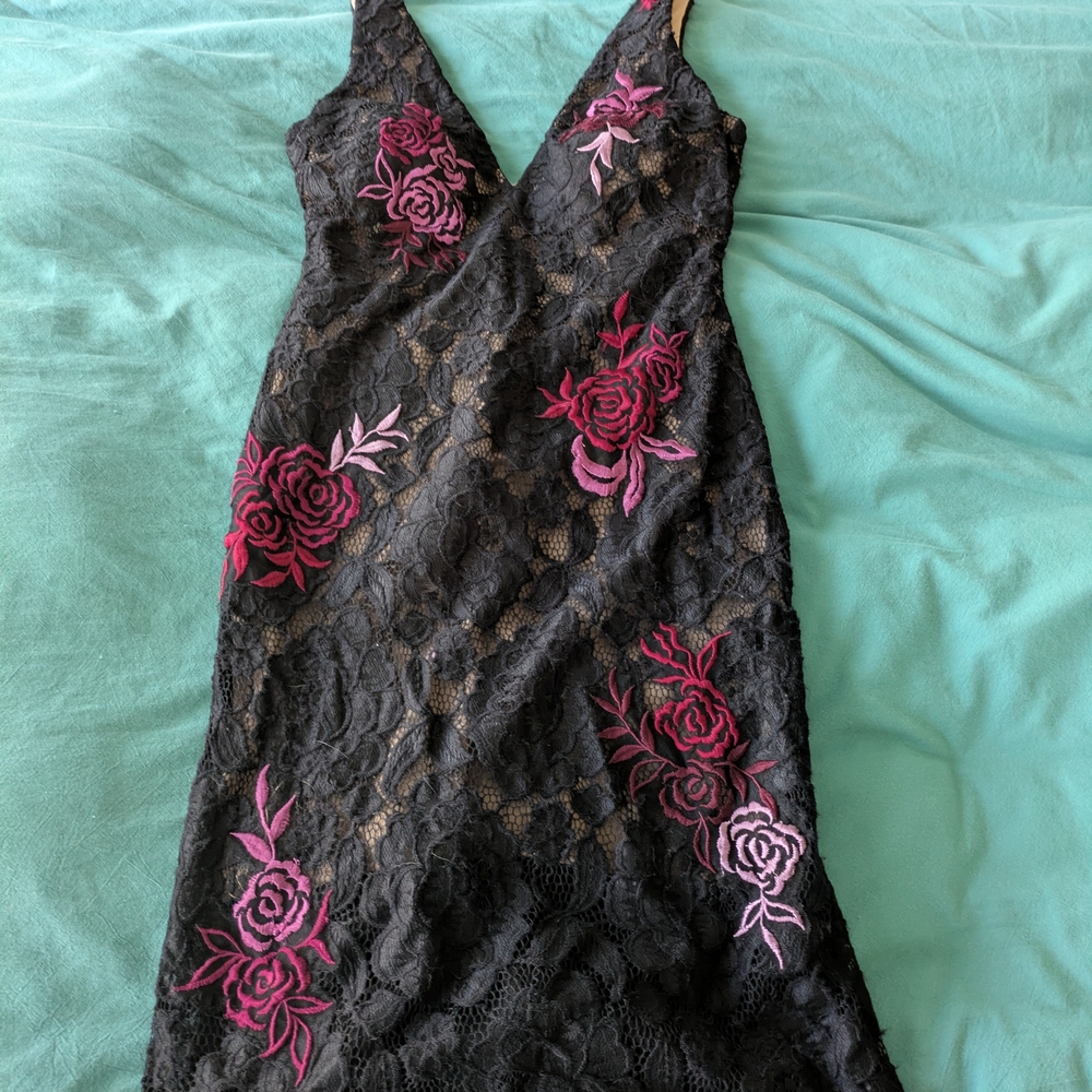 Vintage 90s Black Lace Dress with Pink Floral Accents